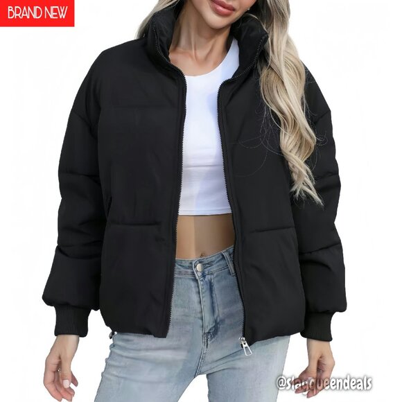 Cropped Quilted Puffer Jacket - Stand Collar Drawstring Waist Side Pockets